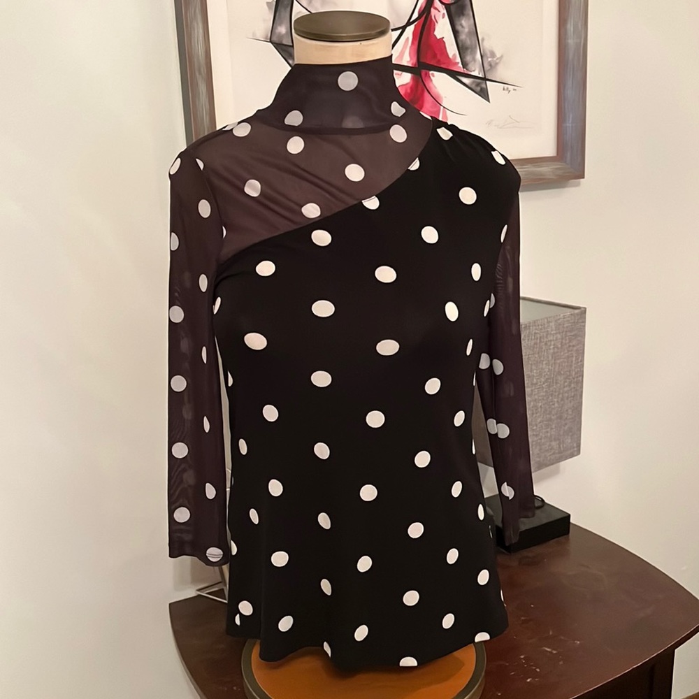 New York and company asymmetrical black and white polka dot blouse